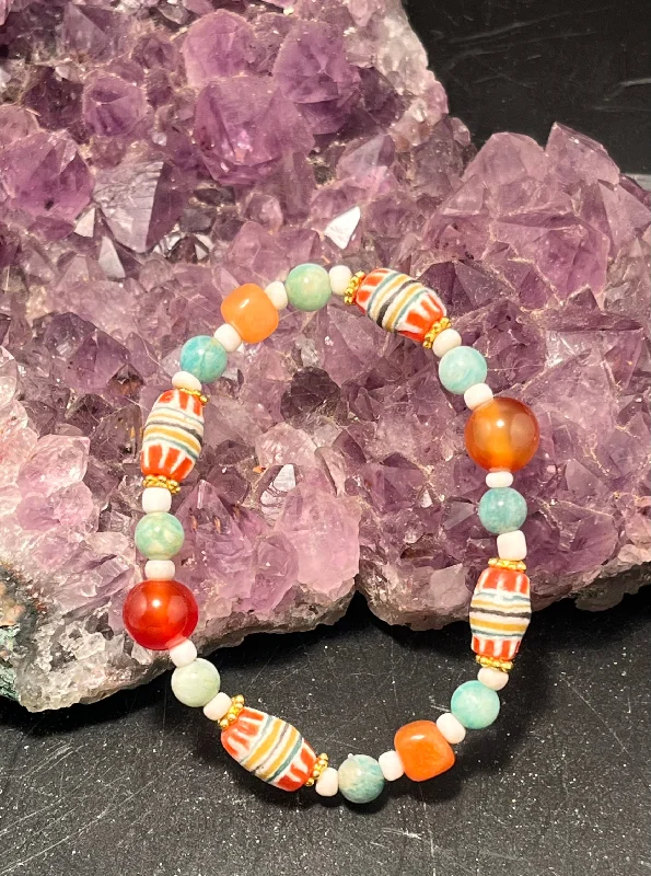 Customizable Gold Bracelet-African Beads, Amazonite, Carnelian and Red Orange Aventurine Stretchy Bracelet