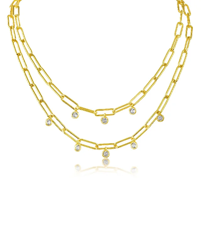 Elegant Gold Pendant Necklace-Double Stranded Chain and CZ Necklace