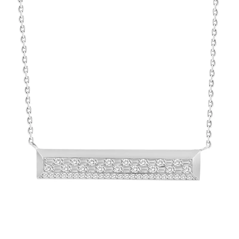 Sterling Silver Bar Necklace-LADIES NECKLACE 0.50CT ROUND/BAGUETTE DIAMOND 10K WHITE GOLD