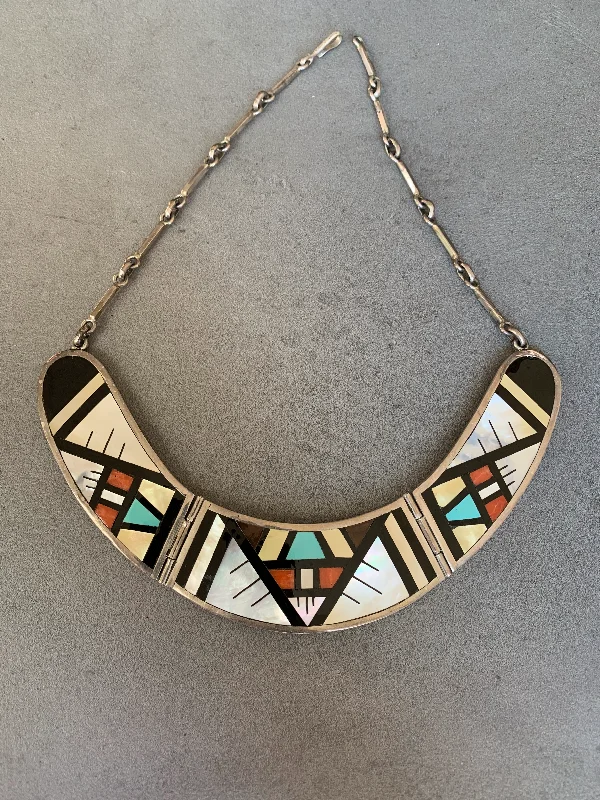 Vintage Silver Necklace-Zuni Inlay Necklace Sterling multi stone by Sue