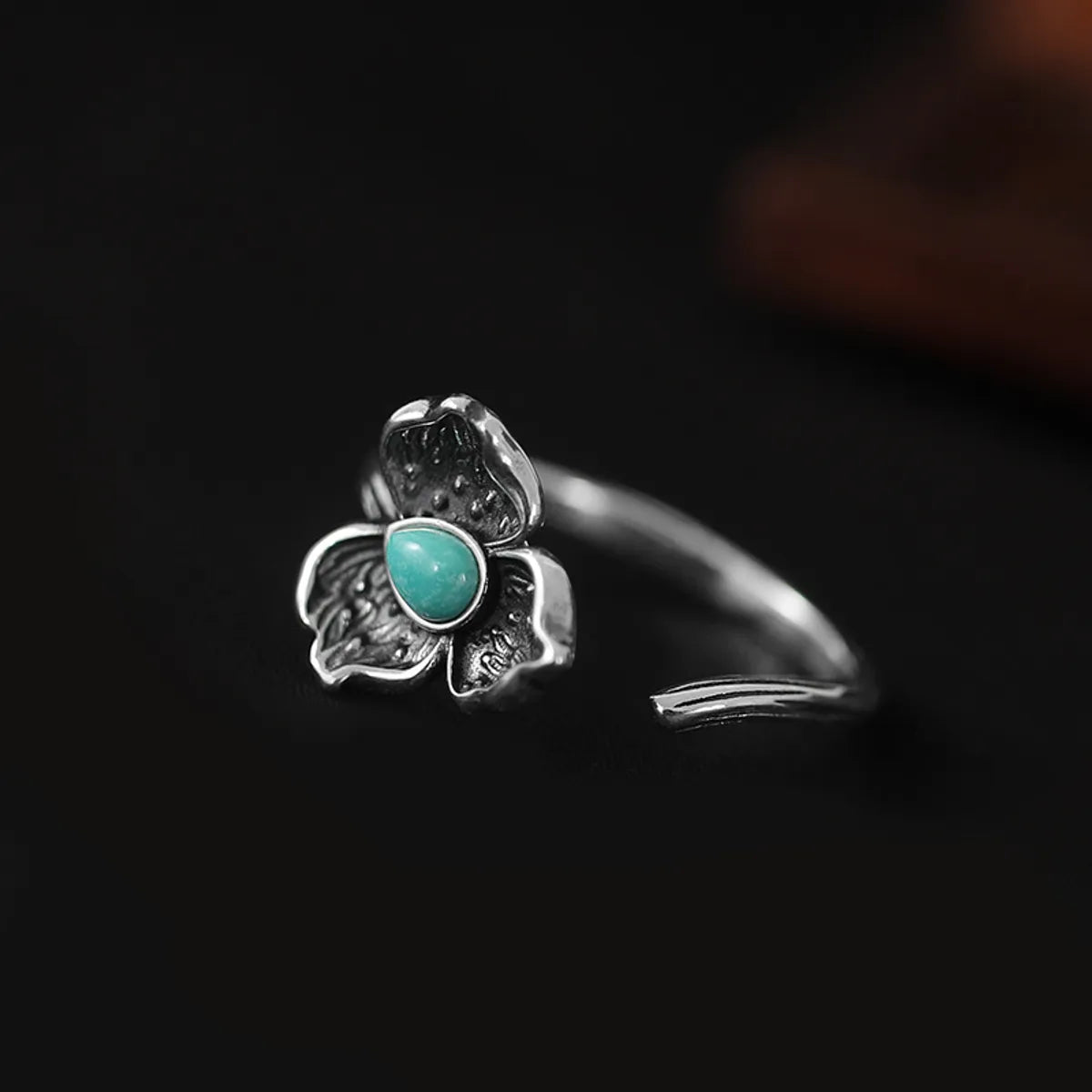 Diamond Solitaire Ring-Wholesale Retro Ginkgo Leaf Sterling Silver Turquoise Open Ring