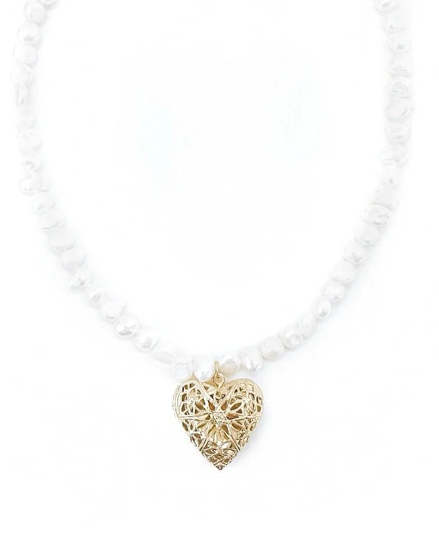 Fashionable Choker Necklace-Adora Heart Locket Pearl Necklace