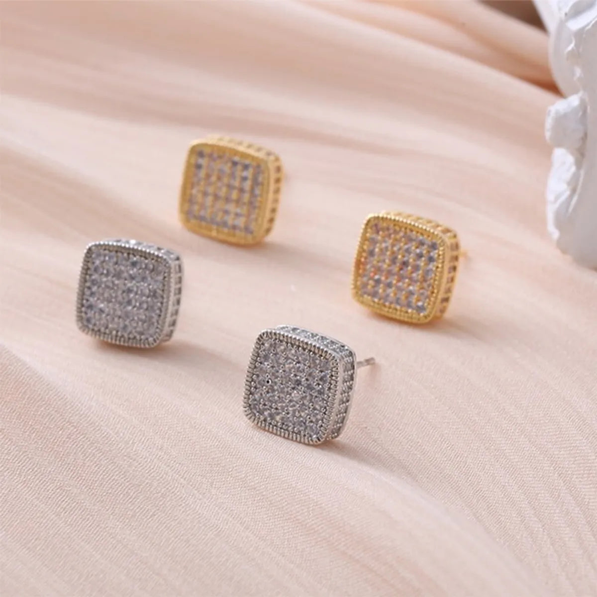 Silver Diamond Engagement Ring-1 Pair Hip-hop Simple Style Shiny Round Square Plating Inlay Copper Zircon Gold Plated Ear Studs