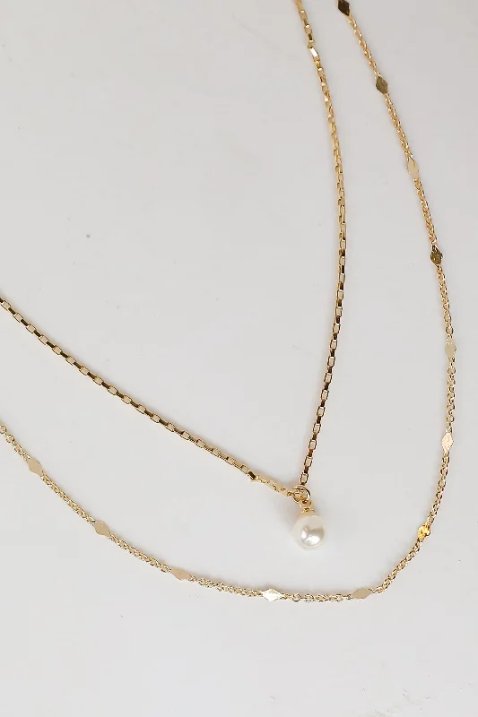 Chic Silver Necklace-Courtney Gold Pearl Charm Layered Necklace