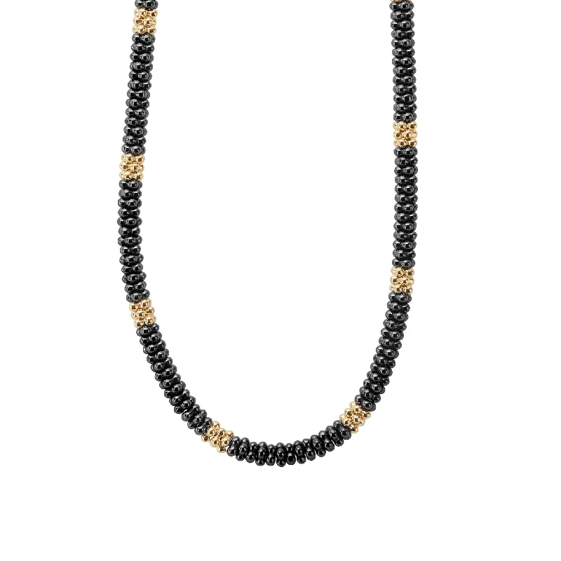 Handmade Pearl Necklace-Black Caviar 18K Gold Small Station Ceramic Beaded Necklace | 5mm