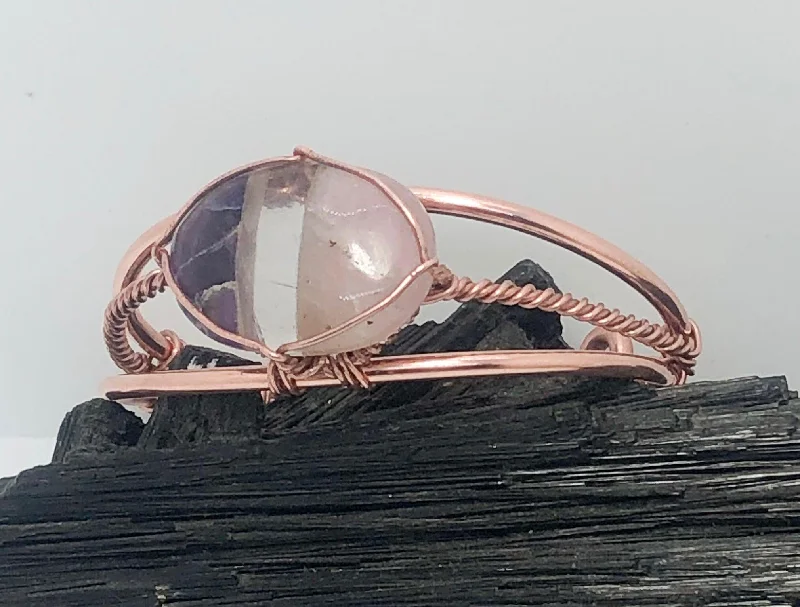 Simple Gold Rope Bangle Bracelet-Rose Quartz, Clear Quartz and Amethyst  Copper Wirewrapped Bangle Bracelet