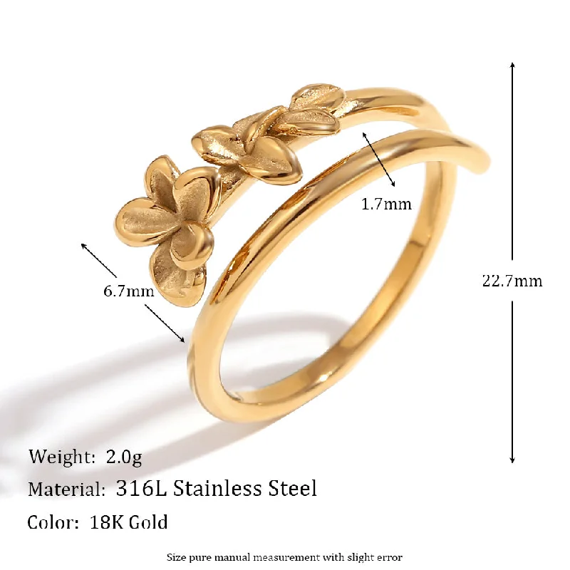 Double layered Three Flower Open Ring - Gold