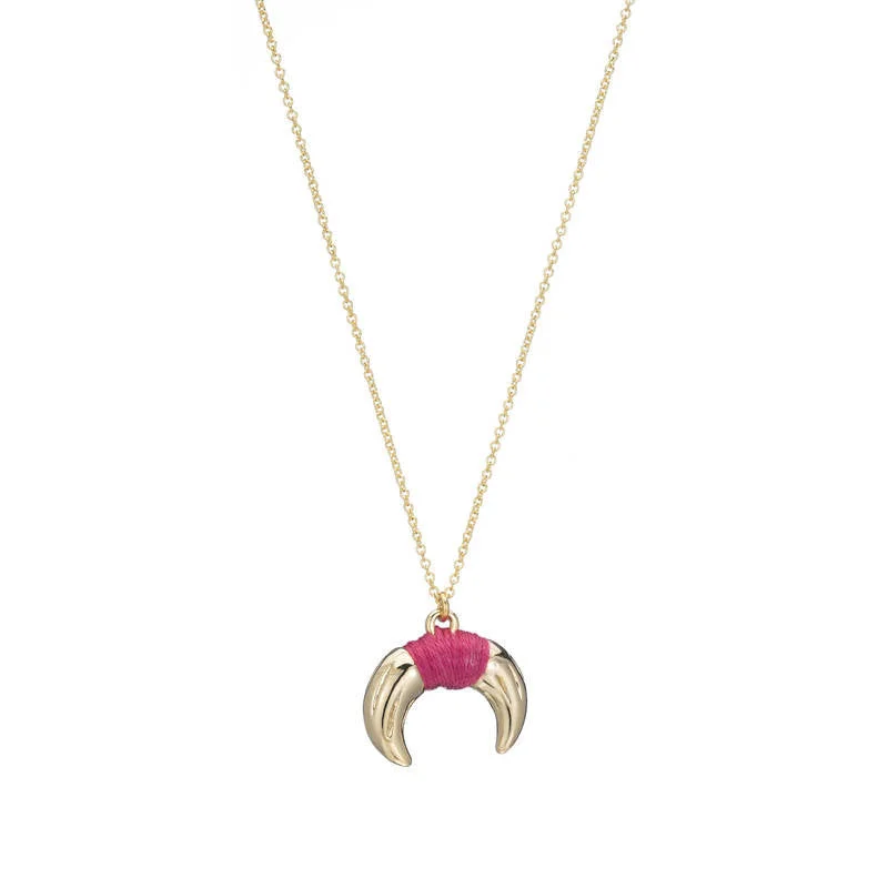 Trendy Layered Necklace-Pink Wrapped Horn Necklace