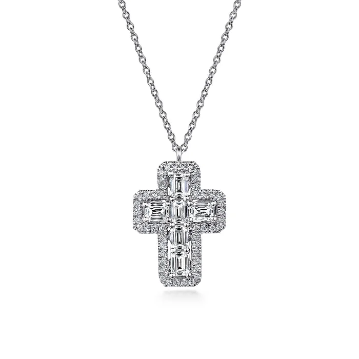 Luxury Gold Necklace-14K White Gold Emerald Cut Diamond Cross Necklace