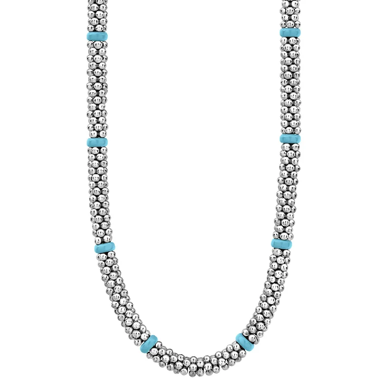 Silver Infinity Pendant Necklace-Blue Caviar Ceramic Single Bead Station Caviar Necklace