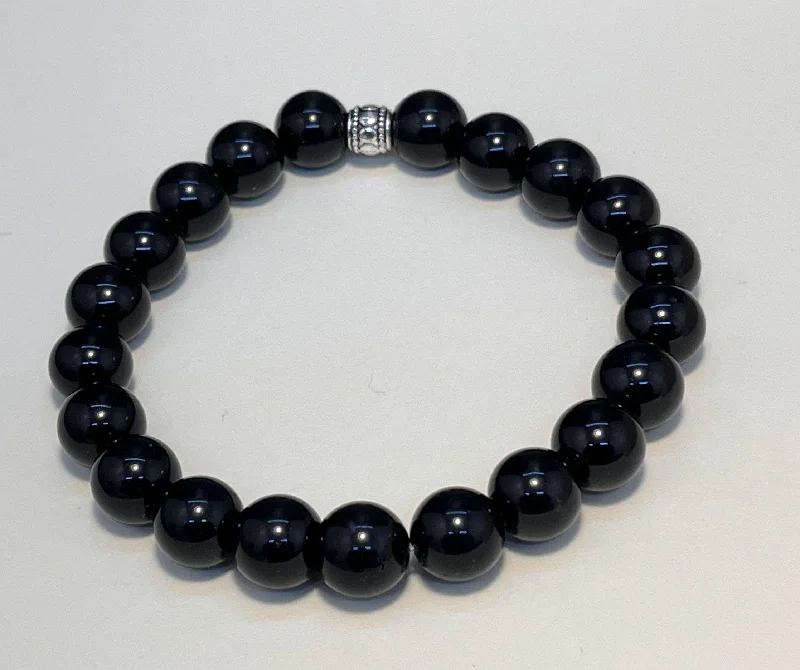 Custom Beaded Silver Bracelet-Black Obsidian 8mm Stretchy Bracelet