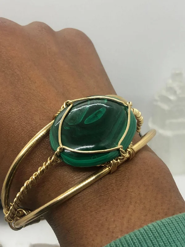 Men’s Leather Bracelet-Malachite Brass 40x30mm Oval Bracelet Wire wrapped Handmade