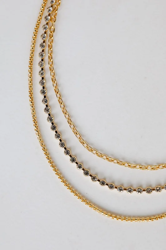 Gold Statement Necklace-Quinn Gold Rhinestone Layered Chain Necklace