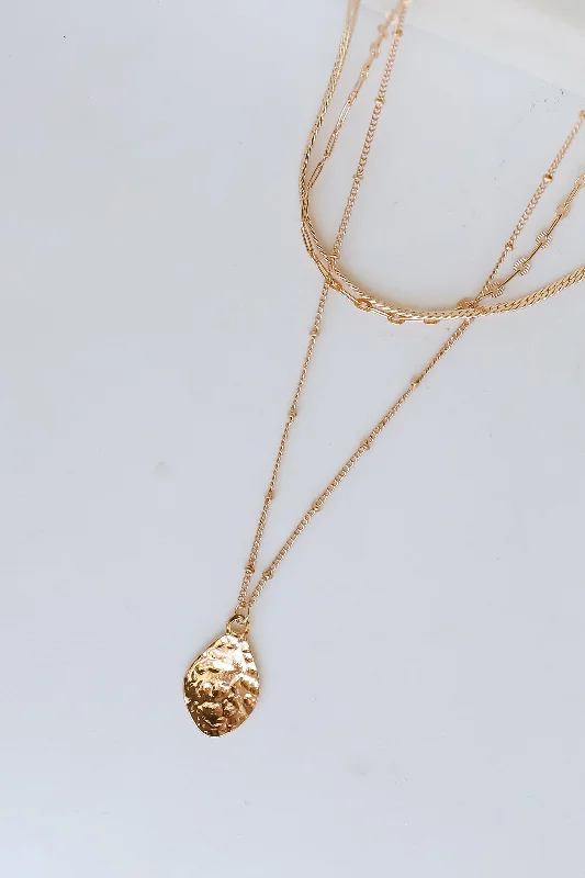 Unique Silver Necklace-Gia Gold Hammered Charm Layered Chain Necklace