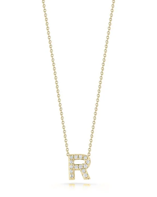 Sterling Silver Chain Necklace-18K YELLOW GOLD TINY TREASURES DIAMOND LOVE LETTER “R” NECKLACE