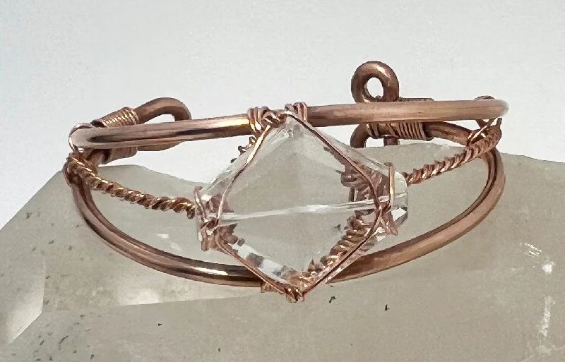 Custom Leather Band Bracelet-Clear Crystal Quartz "Kite" Copper Bracelet Wirewrapped