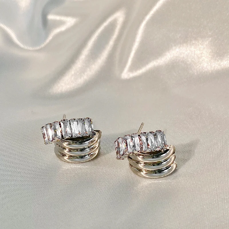 Silver Zircon Staggered Stud Earrings 925 Silver Needle Plated with Real Gold