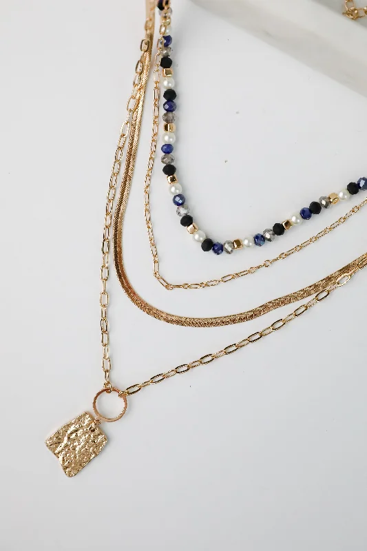 Large Statement Necklace-Elena Blue Layered Chain Necklace