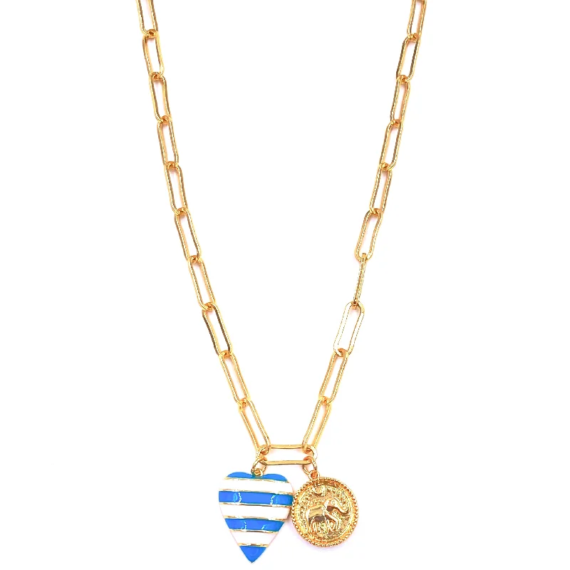 Gold Statement Necklace-Ashley Gold Stainless Steel Gold Plated Enamel Blue And White Striped Heart And Elephant Coin Charm Necklace