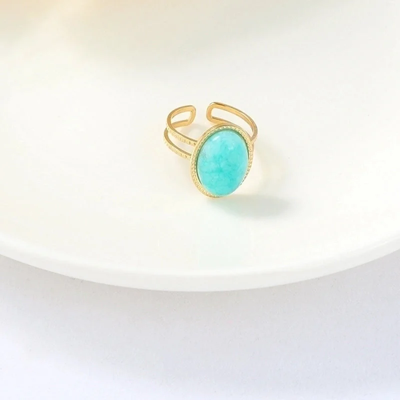 Unique Promise Band-Simple Retro Turquoise Inlaid Opening Adjustable Stainless Steel Ring