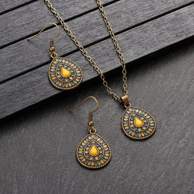 Choker Necklace for Women-Beautiful Yellow Rustic Tear Drop Earring and Necklace Set