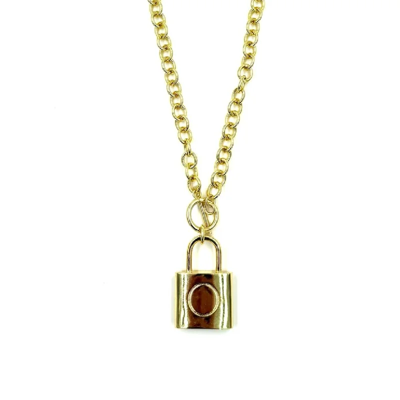 Gold Oval Pendant Necklace-Ashley Gold Stainless Steel Gold Plated Large Lock Necklace