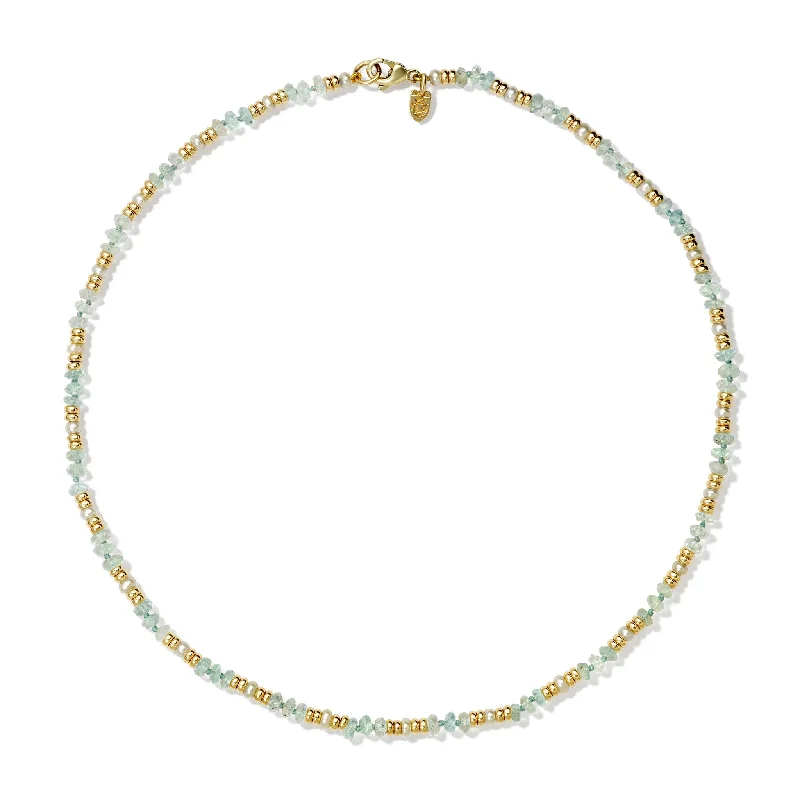 Adjustable Gold Necklace-Serena Necklace Yellow Gold - Aquamarine & Pearl