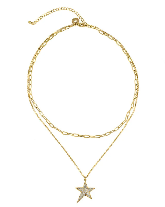 Gold Rope Necklace-Pave Star Double Stranded Necklace