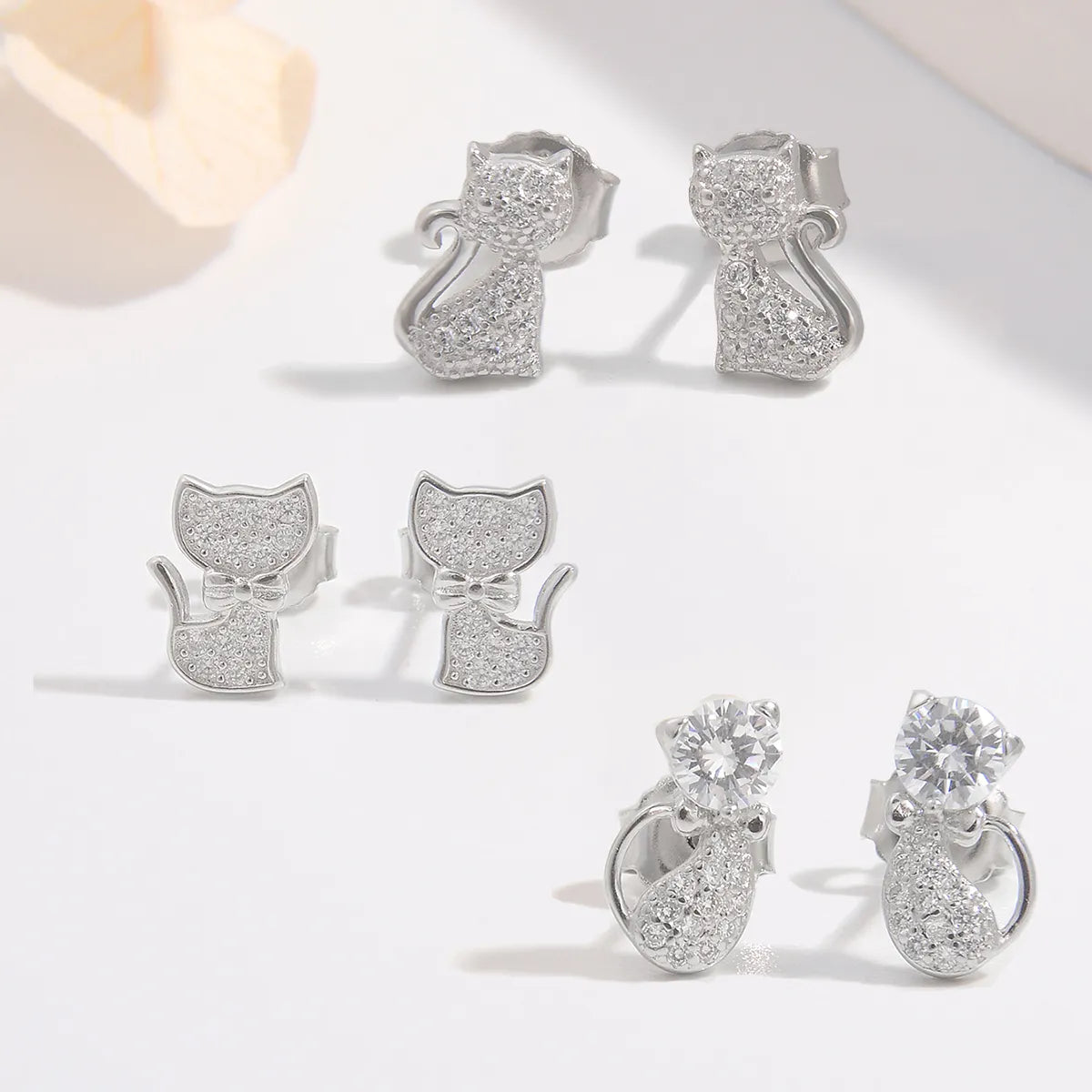 Two-Tone Engagement Ring-1 Pair Ig Style Elegant Cute Cat Plating Inlay Sterling Silver Zircon White Gold Plated Rhodium Plated Ear Studs