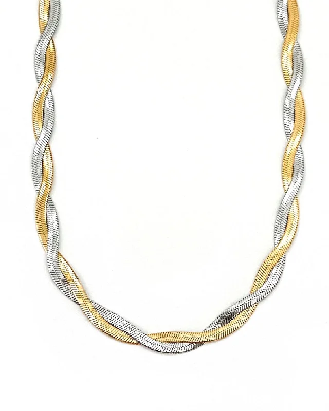 Wedding Necklace for Bridesmaids-Lindy Twisted Silver & Gold Herringbone Necklace