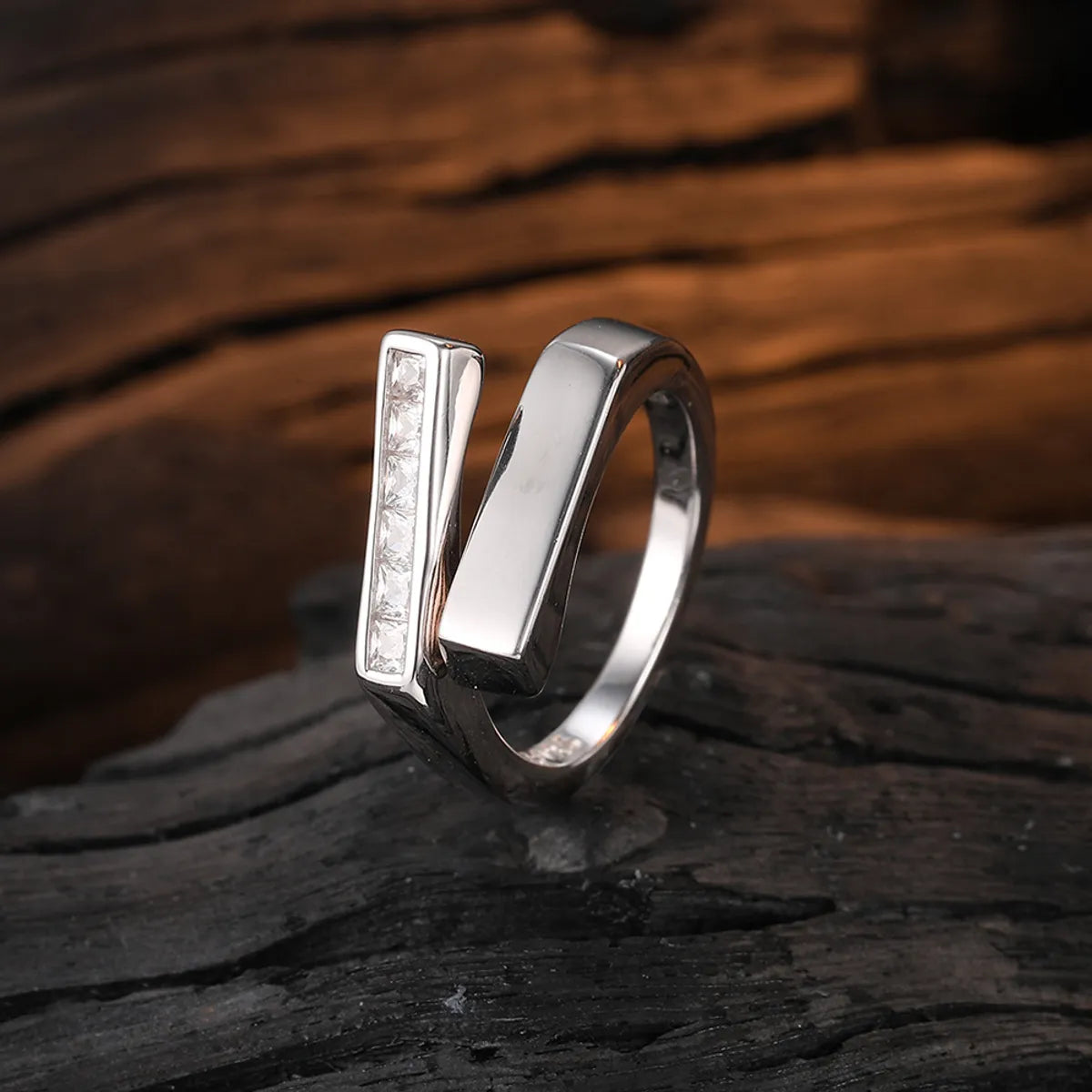 Wedding Ring with Custom Engraving-Simple Style Geometric Sterling Silver Zircon White Gold Plated Adjustable Ring