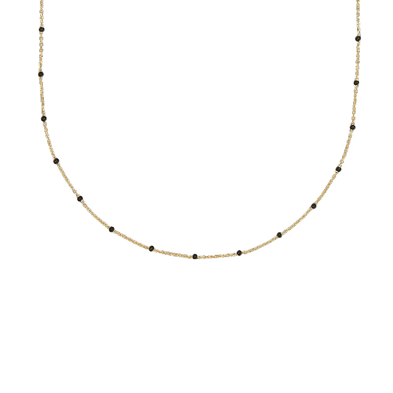 Beaded Gold Pendant Necklace-Black Enamel Satellite Chain