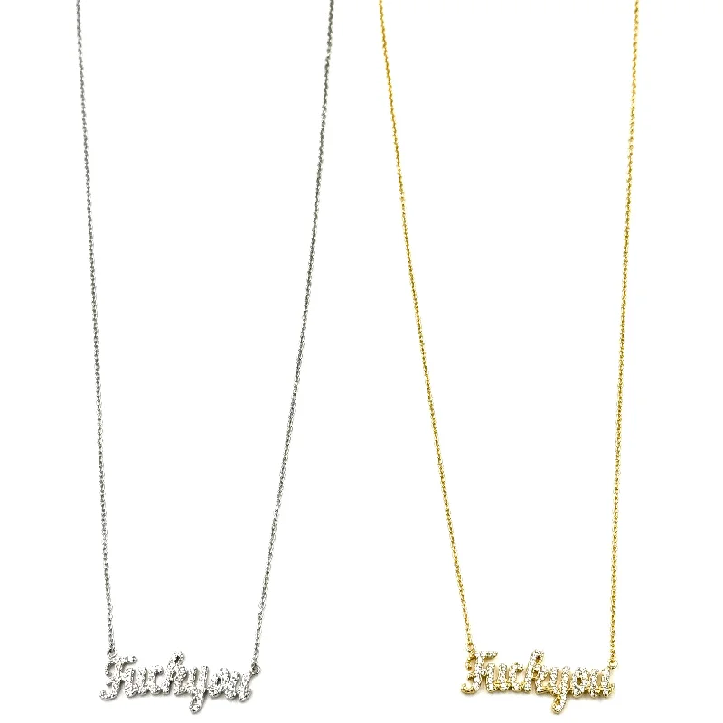 Statement Silver Pendant Necklace-Ashley Gold Sterling Silver CZ "F-U" Slogan Necklace