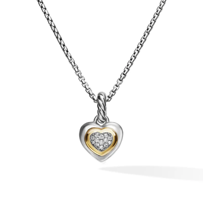 Sparkling Silver Pendant Necklace-Petite Cable Heart Pendant Necklace in Sterling Silver with 14K Yellow Gold and Diamonds\, 17.1mm