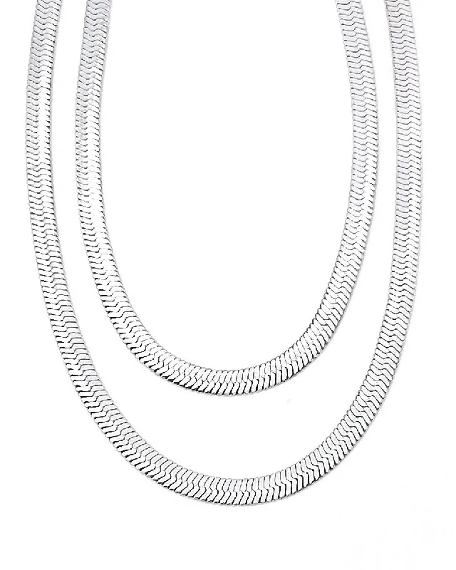 Statement Beaded Necklace-Mia Thick Silver Herringbone Necklace || Choose Length