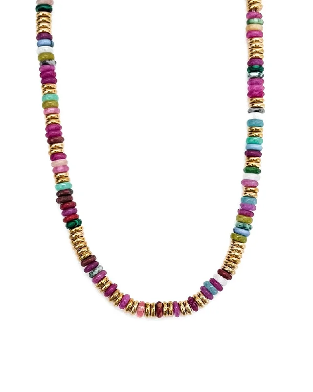 Custom Silver Heart Necklace-Joan Multi Color Beaded Stone Necklace