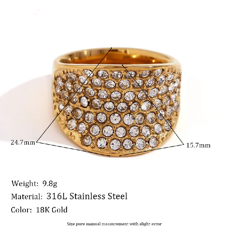 Wide Concave Full Diamond Index Finger Ring - Gold Size 7