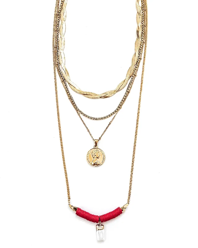 Gold Bead Pendant Necklace-Queen Layered Necklace Set