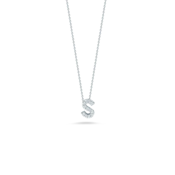 Custom Gemstone Pendant Necklace-18K WHITE GOLD TINY TREASURES DIAMOND LOVE LETTER “S” NECKLACE