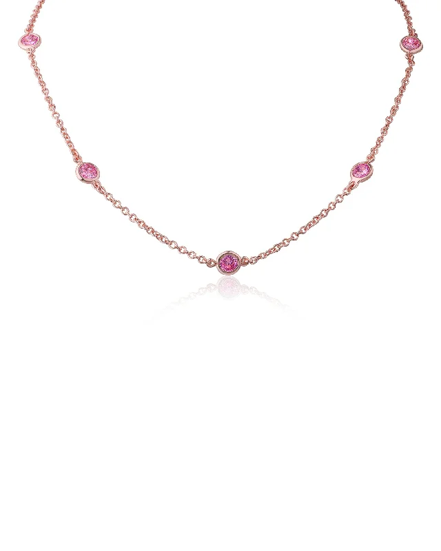 Handmade Crystal Pendant Necklace-16" Pink Station Necklace