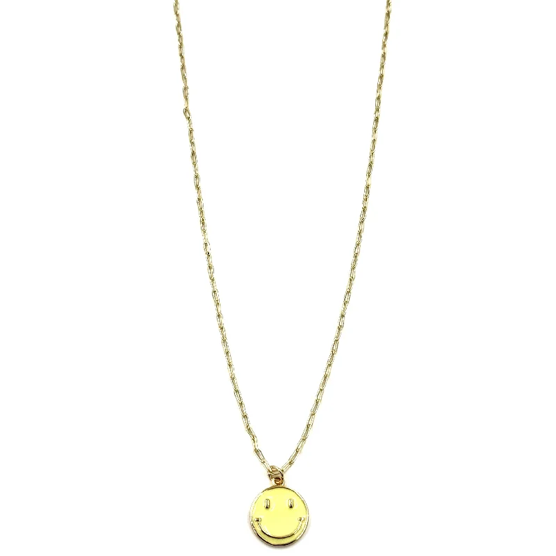 Sparkling Silver Necklace-Ashley Gold Stainless Steel Gold Plated Yellow Enamel Smily Face Charm Necklace