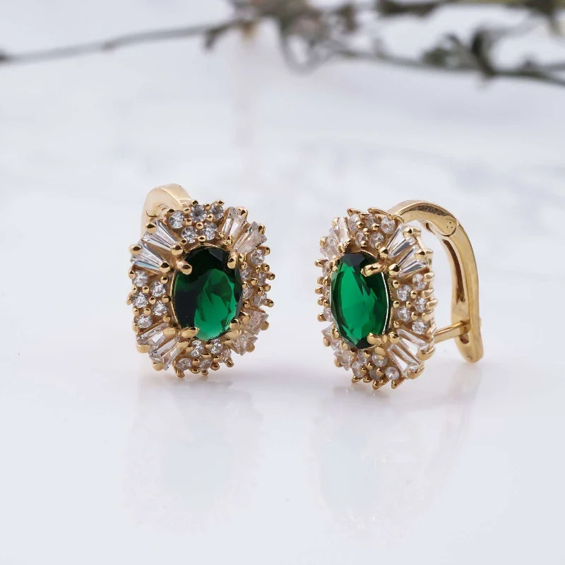 Textured Hoop Earrings-Golden Green Emerald & Moissanite Huggie Earrings