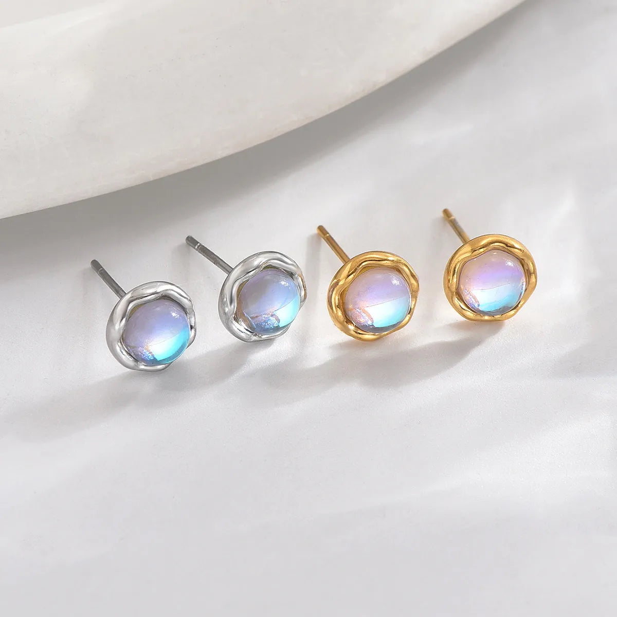 Personalized Titanium Ring-1 Pair IG Style Elegant Simple Style Round Inlay Stainless Steel Moonstone 14K Gold Plated Ear Studs