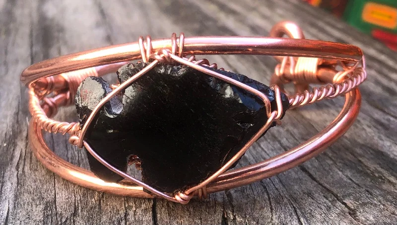 Multi-Layer Silver Bracelet-Black Obsidian Arrowhead Apache Tear Copper Bracelet