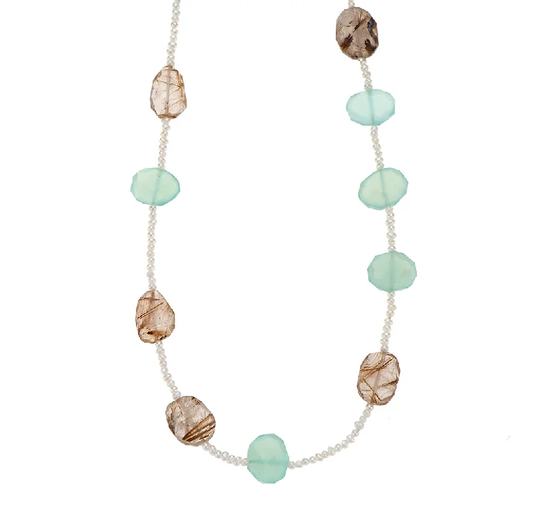 Luxury Charm Necklace-Nava Zahavi Chalcedony, Ruthilated Quartz and Pearl Necklace