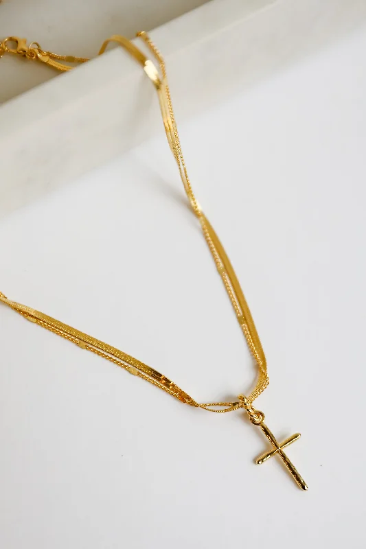 Gold Name Necklace-Anna Gold Layered Cross Charm Necklace