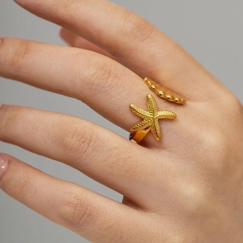 Customizable Engagement Ring-Beach Starfish Shell Stainless Steel 18k Gold Plated Open Ring In Bulk