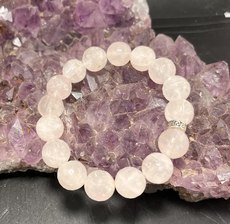 Sterling Silver Cuff Bracelet-Rose Quartz 12mm Faceted Stretchy Bracelet