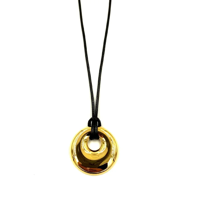 Bold Silver Necklace-Ashley Gold Stainless Steel Gold Plated Open Round Pendant With Suede Necklace