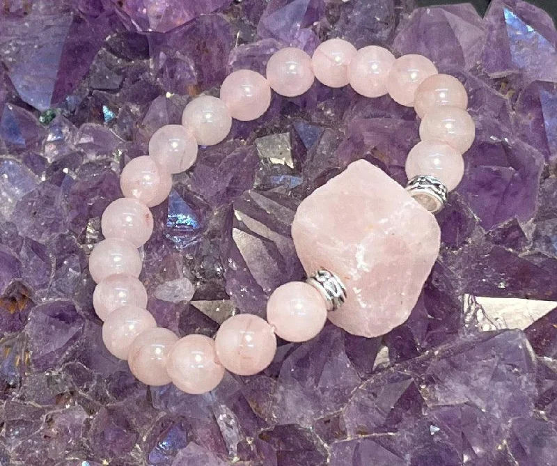 Personalized Friendship Beaded Bracelet-8mm Rose Quartz with Rough Rose Quartz Stretchy Bracelet